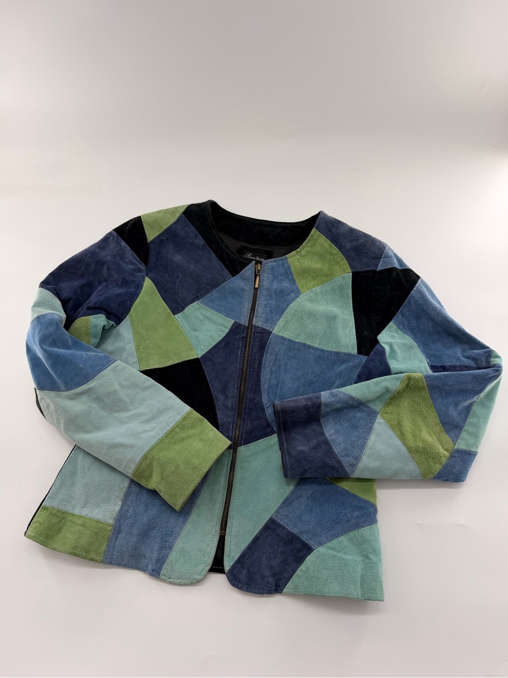 Vintage Karen Arnold Blue Green Patchwork 100% Leather Jacket Biker 90’s Small
